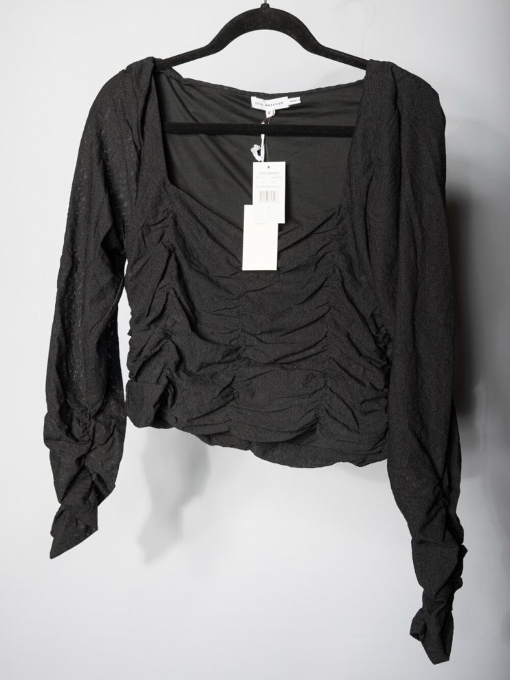 Good American NWT Brushed Animal Mesh Ruched Top Black Long Sleeve [Large]
